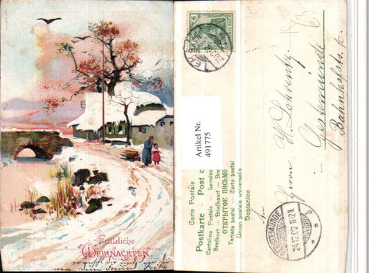491775,Künstler AK Weihnachten Winterlandschaft Brücke