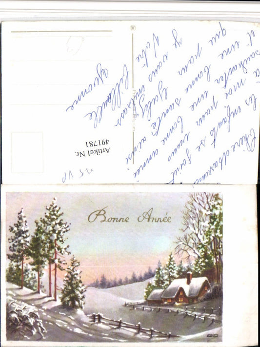 491781,Künstler AK Bonne Annee Neujahr Winterlandschaft Haus