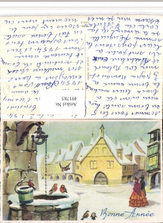 491785, Artist AK Bonne Annee New Year City Fountain Birds Winter Picture