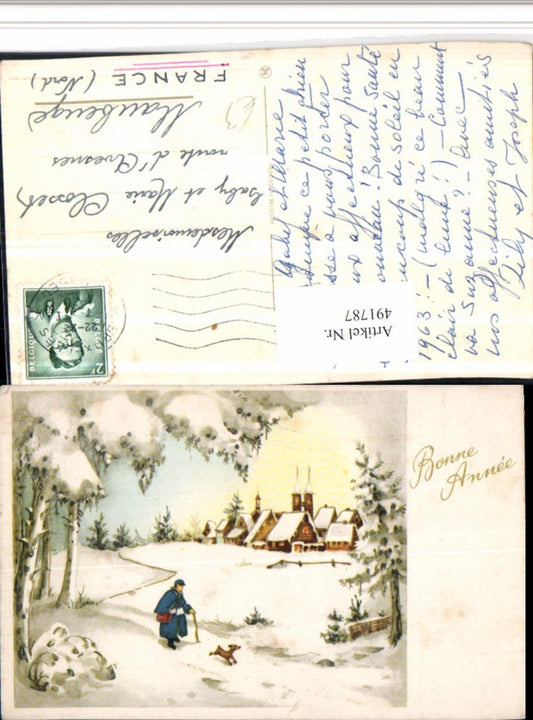491787, Artist AK Bonne Annee New Year Village Postman Dog Winter Picture