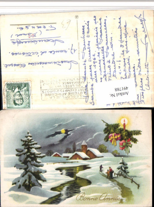 491788, Artist AK Bonne Annee Village Winter Picture Gifts Candle