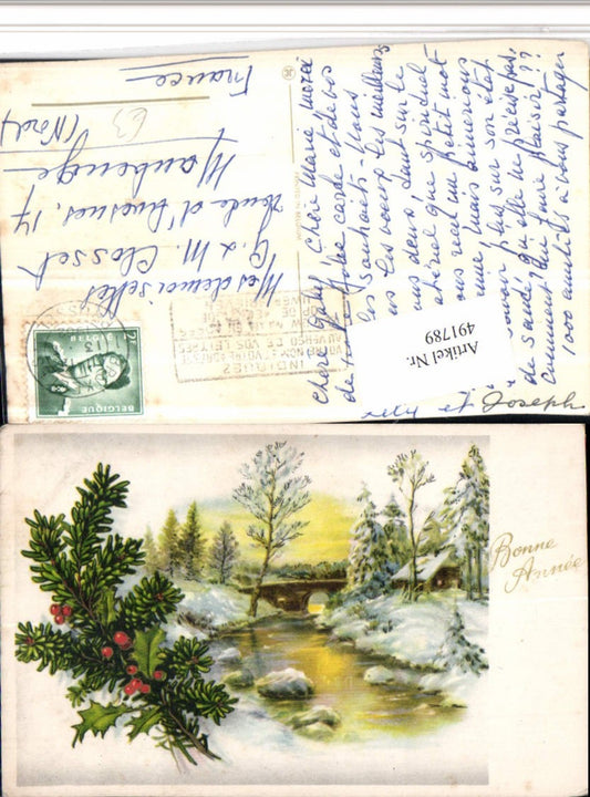 491789, Artist AK Bonne Annee Winter Landscape Bridge Branches