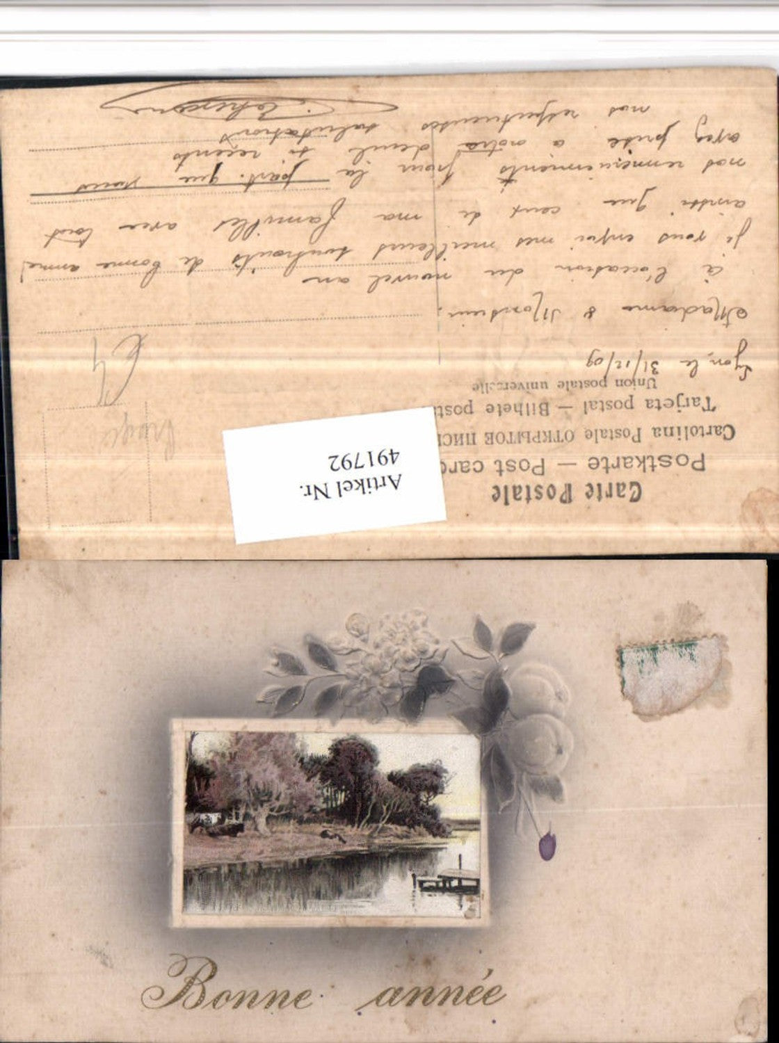 491792,Präge Künstler AK Bonne Annee Neujahr Landschaft Passepartout