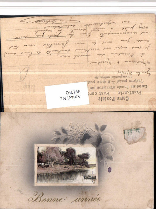 491792, embossed artist postcard Bonne Annee New Year landscape passepartout