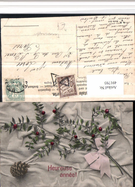 491793,Heureuse annee New Year's pine cone branch bow