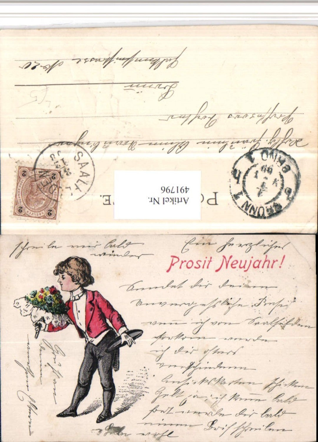 491796,Präge Künstler Litho Neujahr Bub Junge Frack Blumenstrauß
