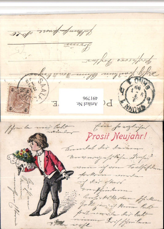 491796,Embossed Artist Lithograph New Year Boy Boy Tailcoat Bouquet
