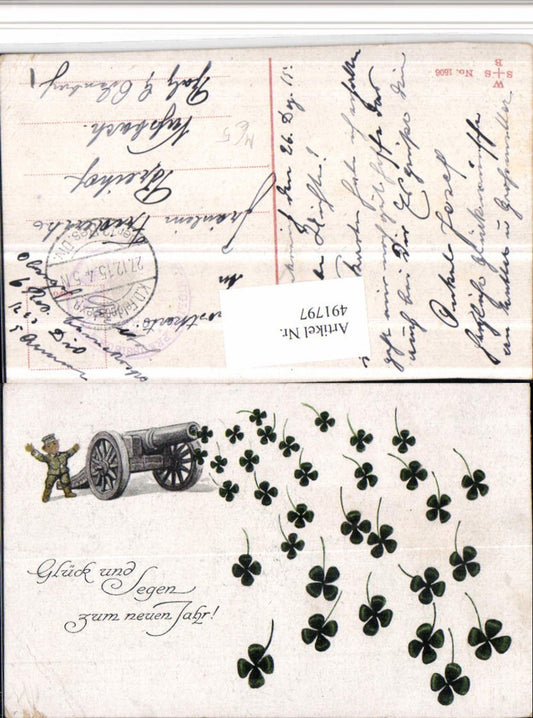 491797, Artist AK New Year Soldier Cannon Clovers Clover