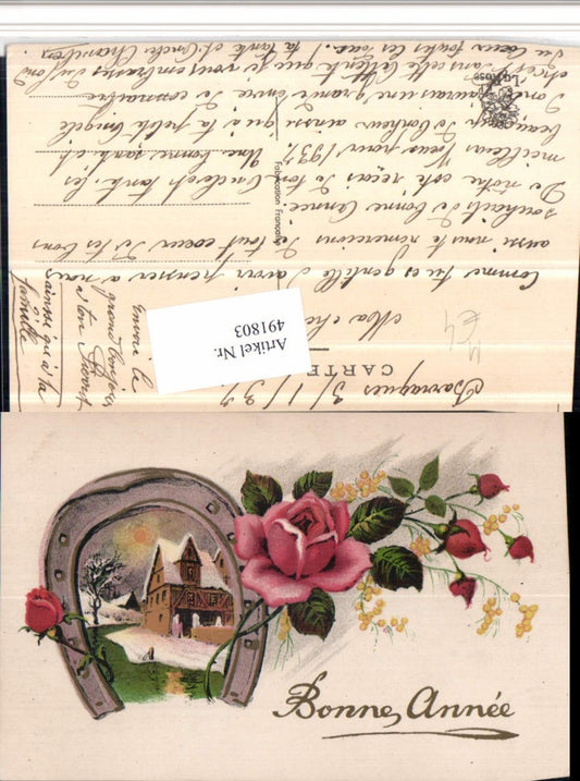 491803, Artist AK Bonne Annee New Year House Horseshoe Roses