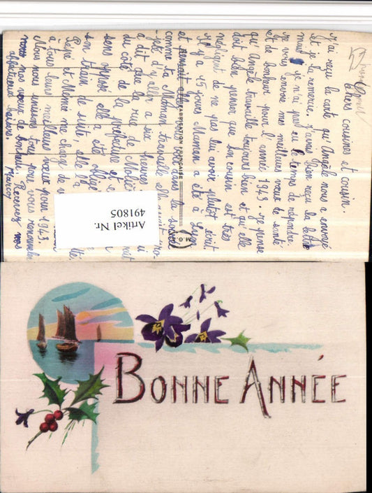 491805, Artist AK Hand-painted Bonne Annee New Year Sea Sailboat Flowers