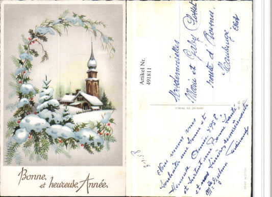 491811,Künstler AK Bonne Annee Neujahr Kirche Winterbild Zweige