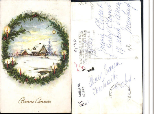 491812,Künstler AK Bonne Annee Neujahr Winterlandschaft Kranz Kerzen