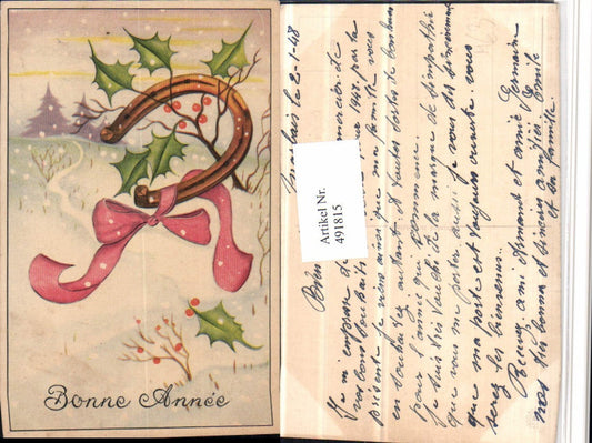 491815,Künstler AK Bonne Annee Neujahr Winterlandschaft Hufeisen Schleife