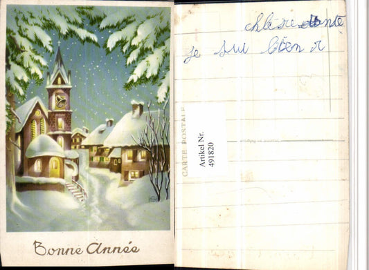 491820,Künstler AK Bonne Annee Neujahr Winterdorf Kirche Glocke