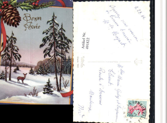491822,Künstler AK Bonne Annee Neujahr Winterlandschaft Reh