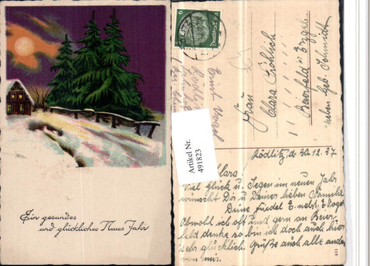 491823,Künstler AK Neujahr Winterlandschaft Haus Mond