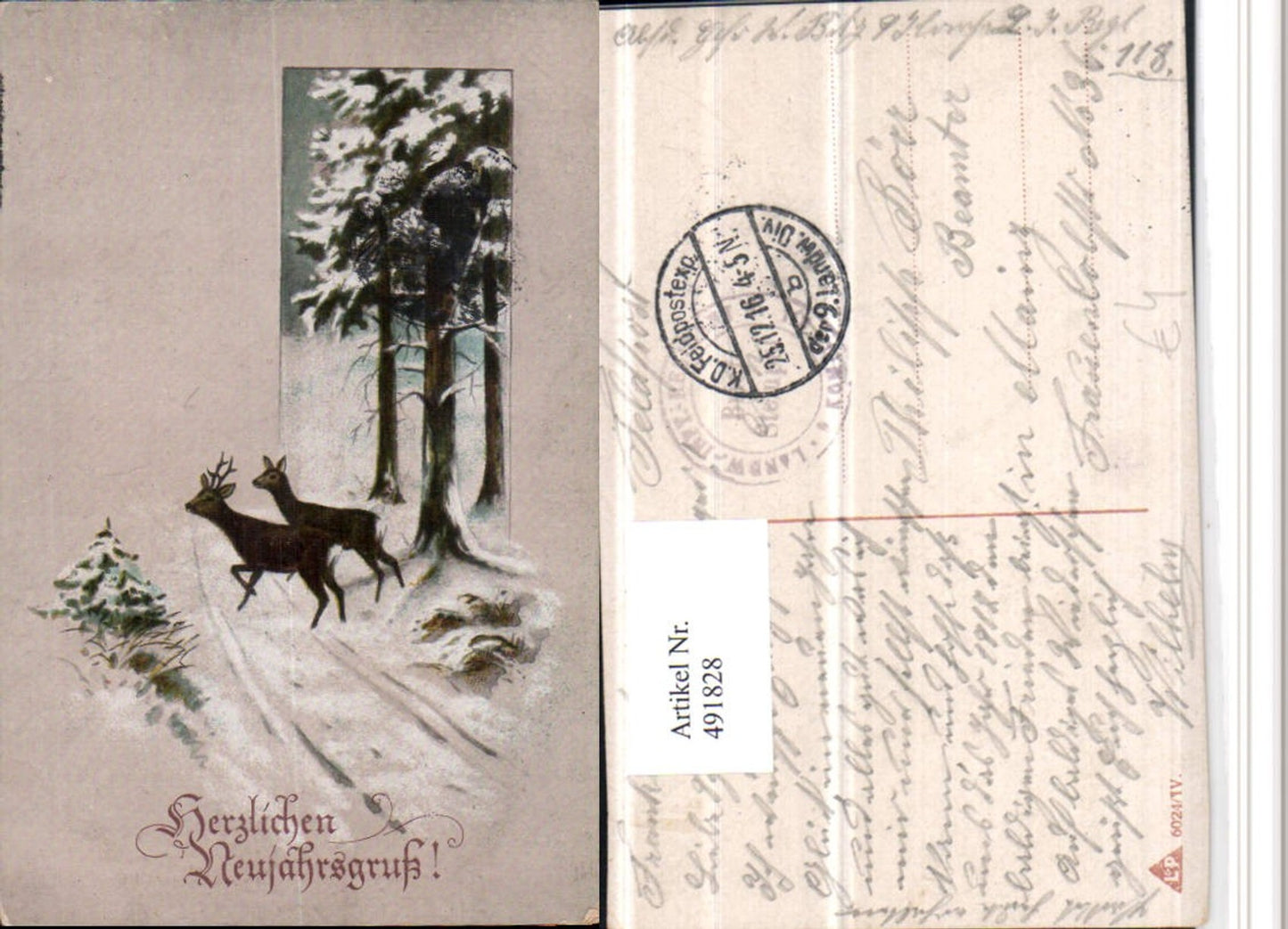 491828,Künstler AK Neujahr Winterlandschaft Wild Rehe
