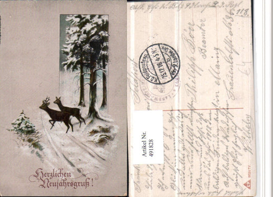 491828,Künstler AK Neujahr Winterlandschaft Wild Rehe