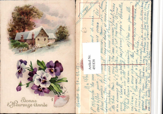 491836,Künstler AK Bonne Annee Neujahr Haus Stiefmütterchen Blumen