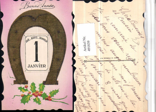 491839,Künstler AK Applikation Kalender Bonne Annee Neujahr Hufeisen