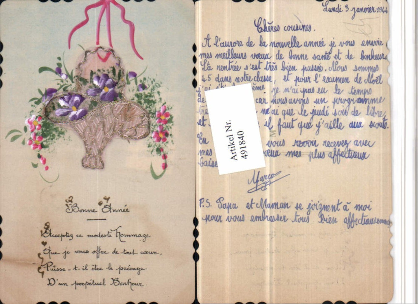 491840,Künstler AK Applikation Bonne Annee Neujahr Korb Blumen