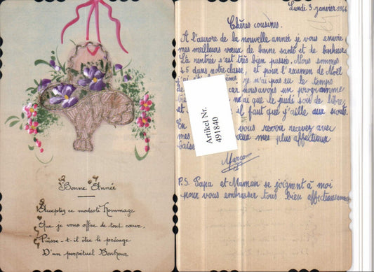 491840,Künstler AK Applikation Bonne Annee Neujahr Korb Blumen