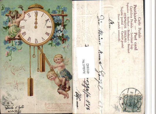 491842,Künstler Litho Neujahr Uhr Engel Schaukel Spruch