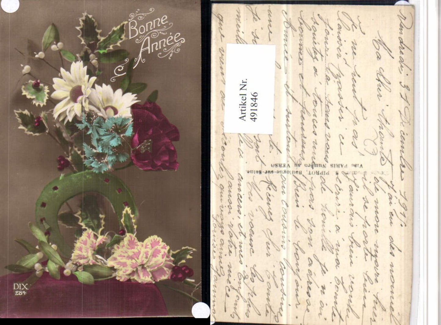 491846,Bonne Annee Neujahr Hufeisen Blumen pub DIX 284