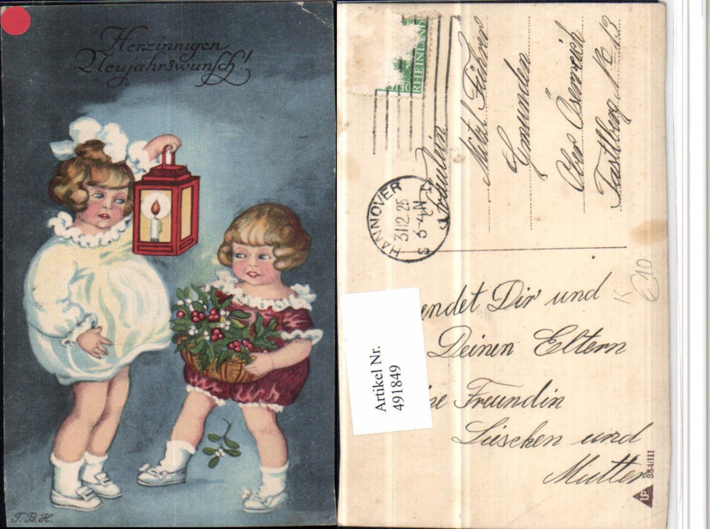 491849,Künstler AK Neujahr Kinder Laterne Korb Zweige