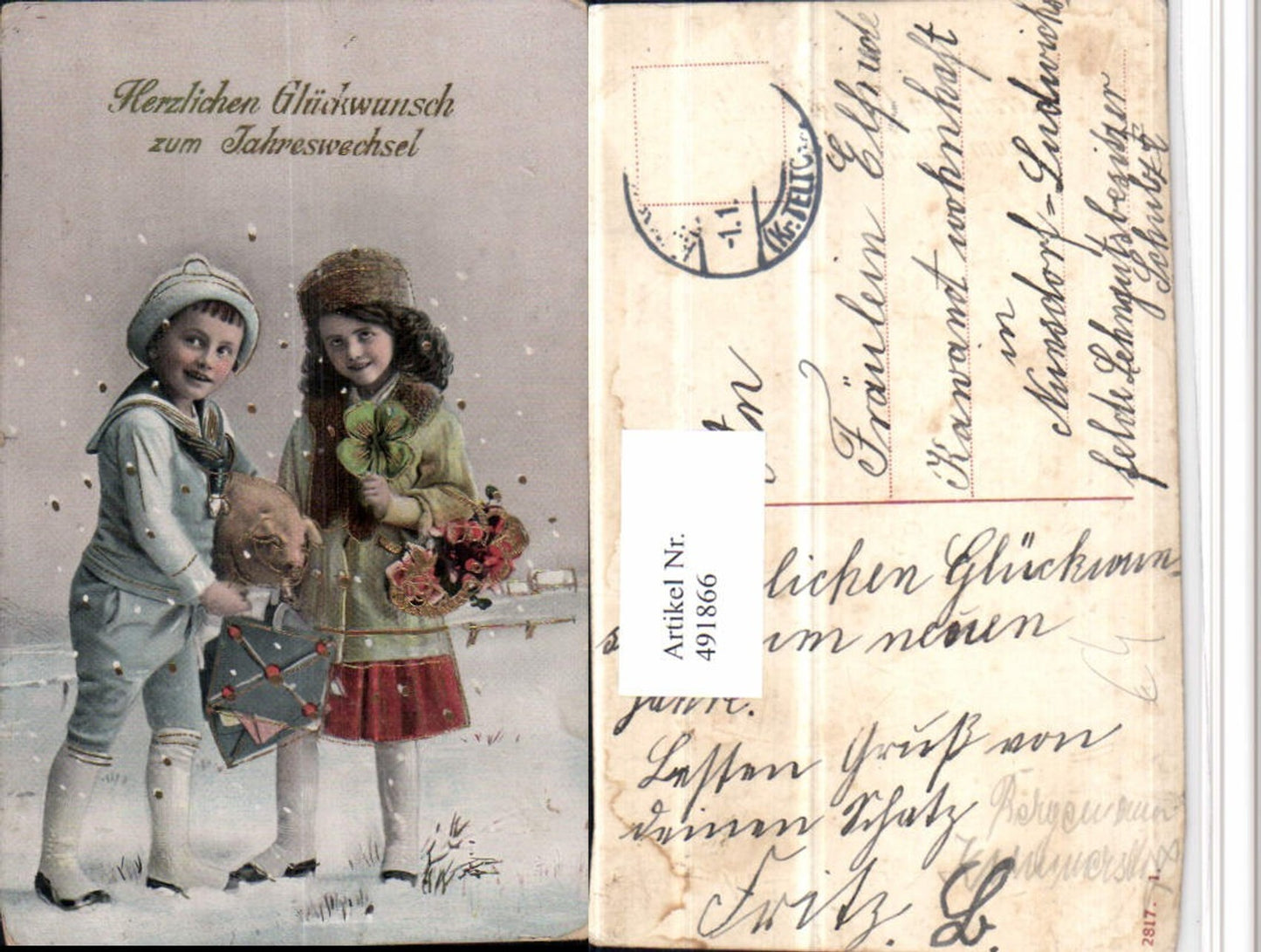 491866,Goldverzierung Neujahr Kinder Ferkel Brief Klee