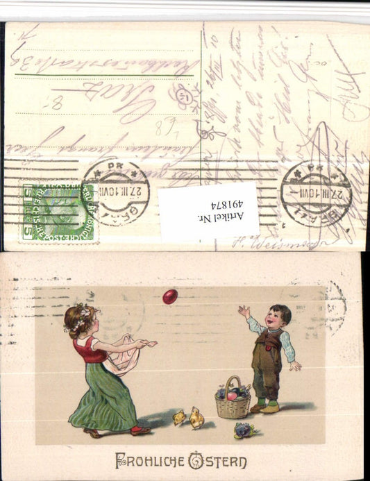 491874, Artist Lithograph Easter Children Easter Eggs Apron Basket Chicks
