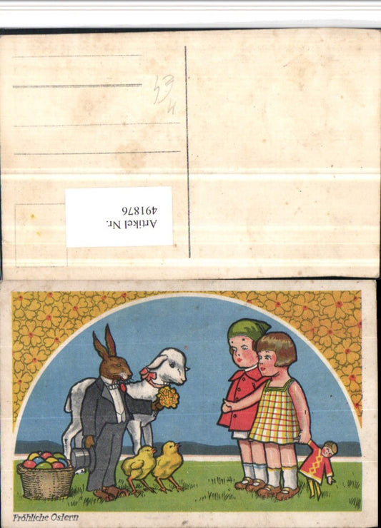 491876, Artist AK Easter Children Doll Easter Bunny Lamb Chick Eggs
