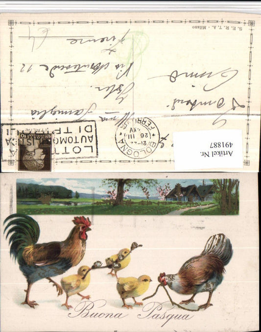 491887, Artist AK Easter Landscape Passepartout Rooster Hen Chick