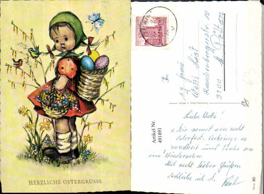 491891,Künstler AK Ostern Mädchen Kleid Korb Ostereier Vögel