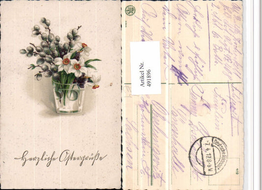 491896,Künstler AK Ostern Blumen Narzissen Palmkätzchen