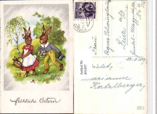 491897,Künstler AK Ostern Osterhasen Hasen vermenschlicht Paar