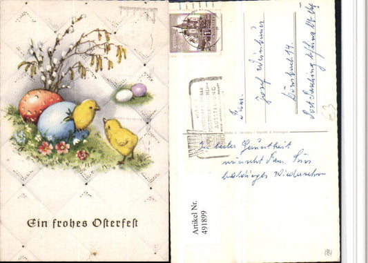 491899,Künstler AK Ostern Ostereier Küken Palmkätzchen