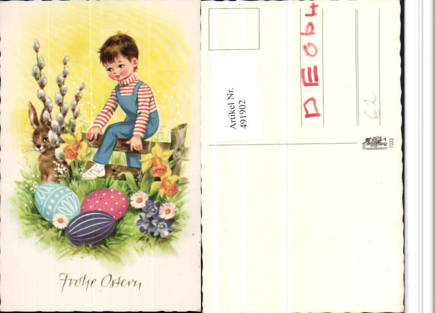 491902,Künstler AK Ostern Bub Junge Hase Ostereier Narzissen