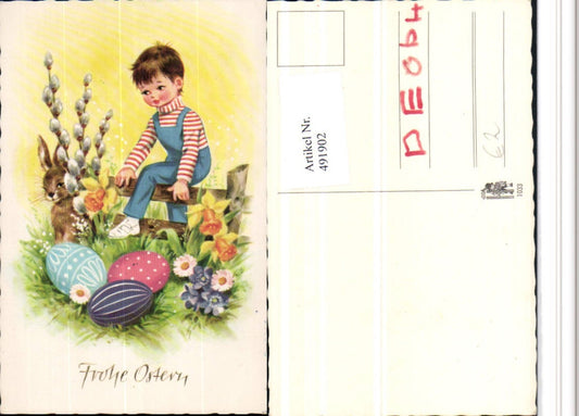 491902,Künstler AK Ostern Bub Junge Hase Ostereier Narzissen