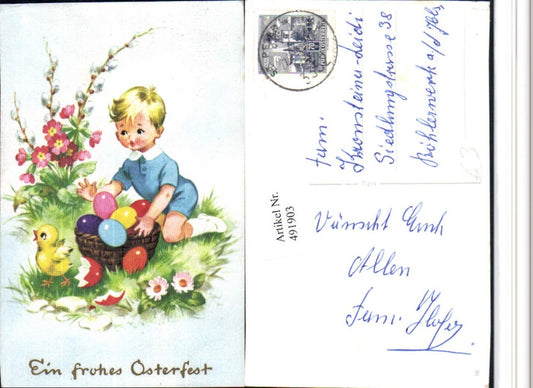 491903,Künstler AK Ostern Bub Junge Korb Ostereier Küken Blumen