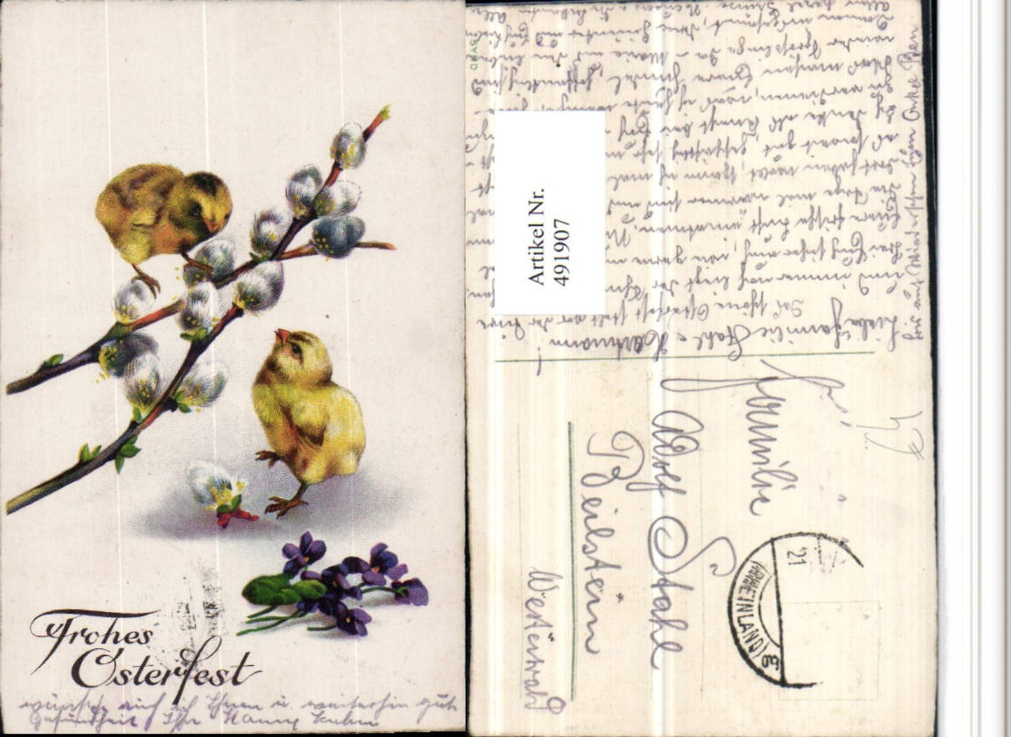 491907,Künstler AK Ostern Küken Palmkätzchen Blumen