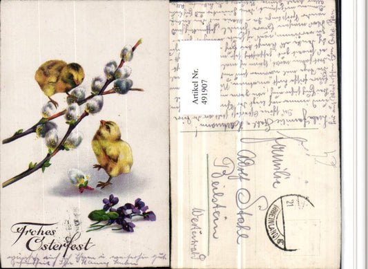 491907,Künstler AK Ostern Küken Palmkätzchen Blumen