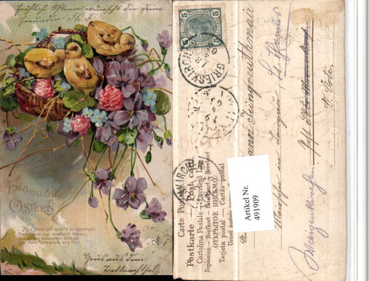491909,Präge Künster Litho Ostern Küken Korb Blumen