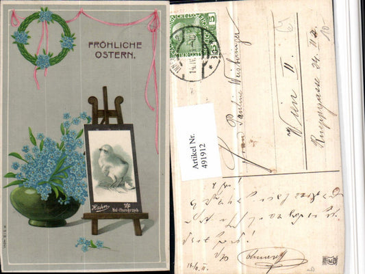 491912,Künstler AK Ostern Staffelei Küken Blumen Vase