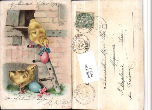 491919, Artist Lithograph Easter Chick Ladder Easter Eggs Eggs