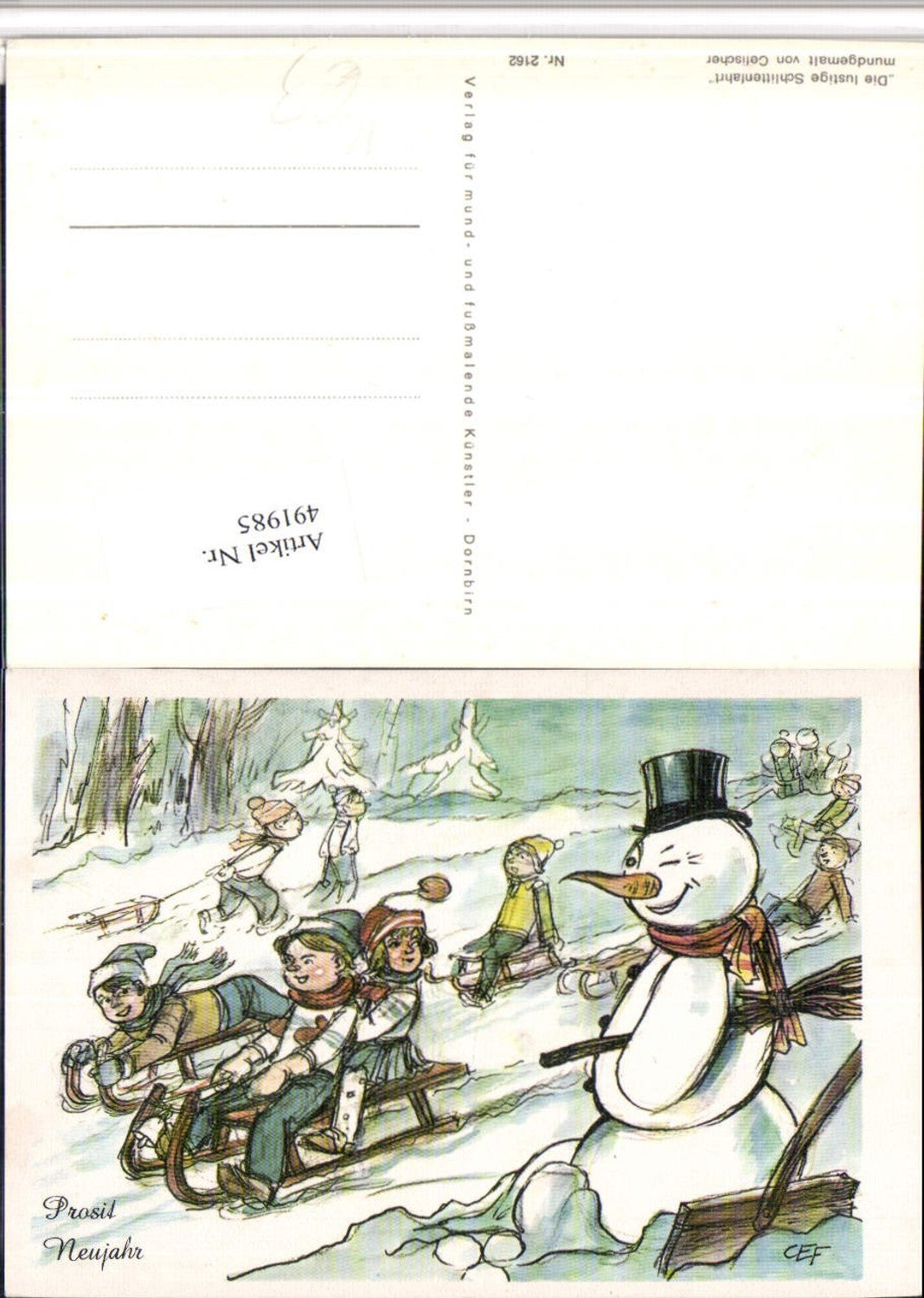 491985, Artist AK Cefischer Sleigh Ride Toboggan Snowman