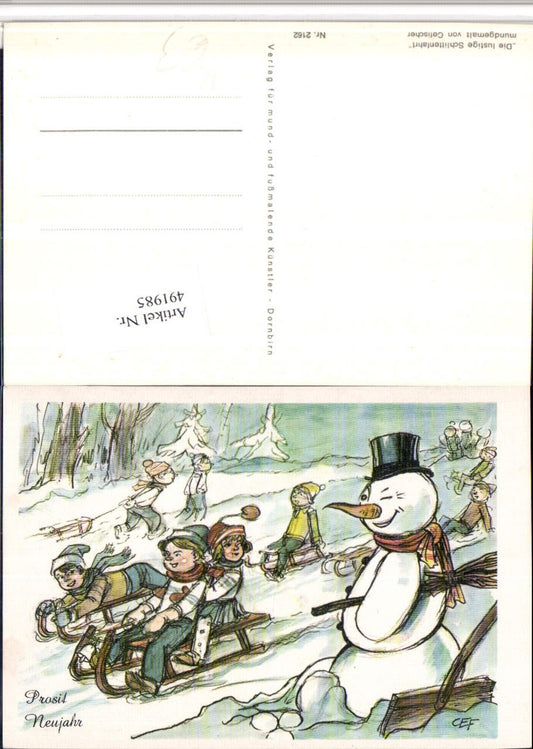 491985, Artist AK Cefischer Sleigh Ride Toboggan Snowman