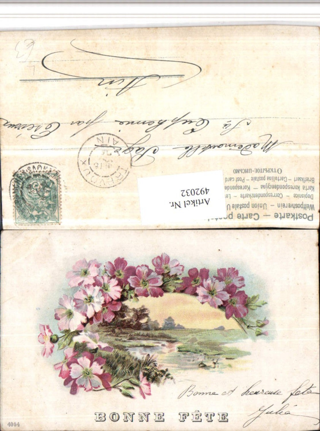 492032, Artist Lithograph Bonne Fete Landscape Blossoms Flowers