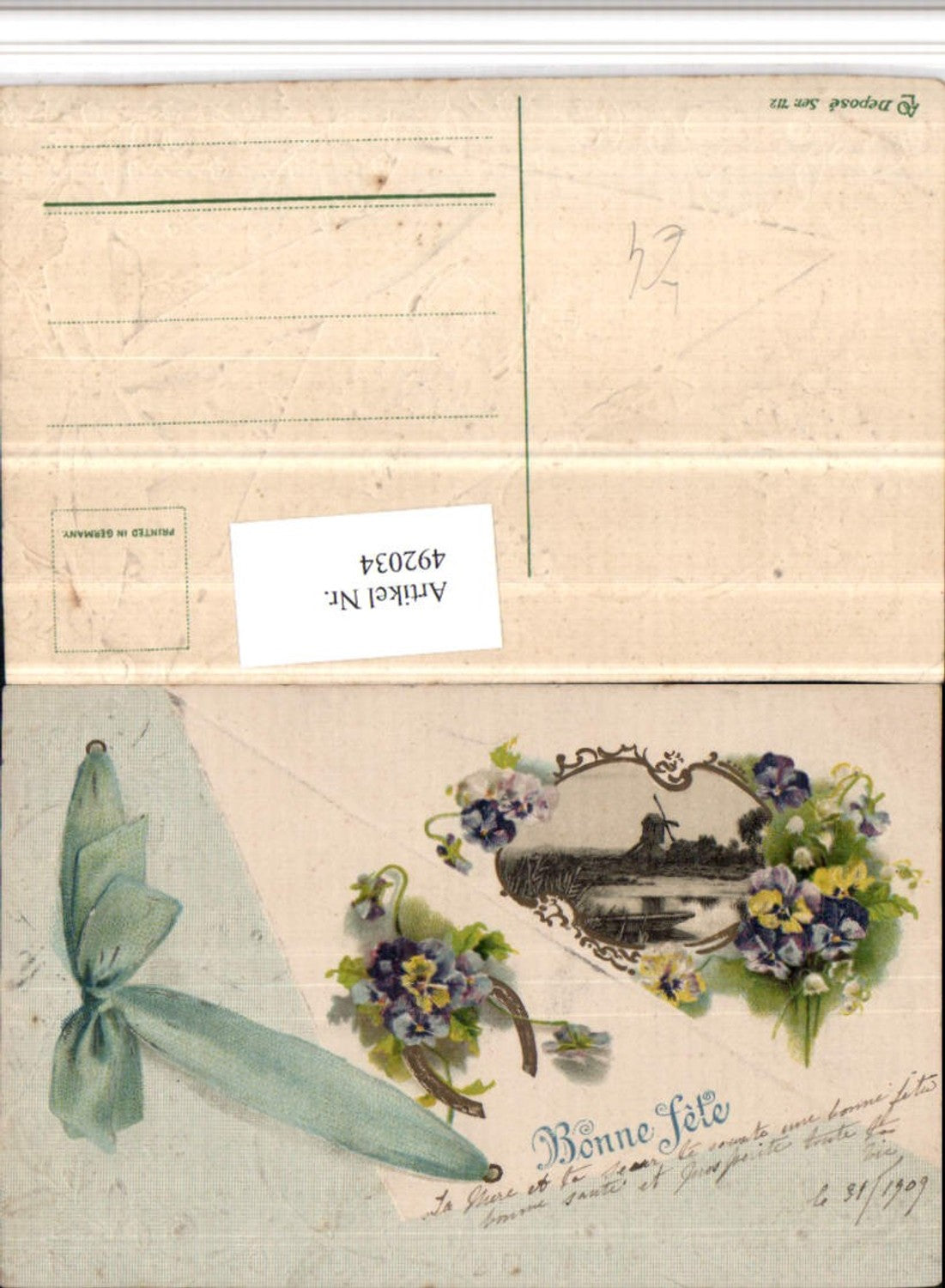 492034, embossing artist lithograph Bonne Fete windmill flowers horseshoe