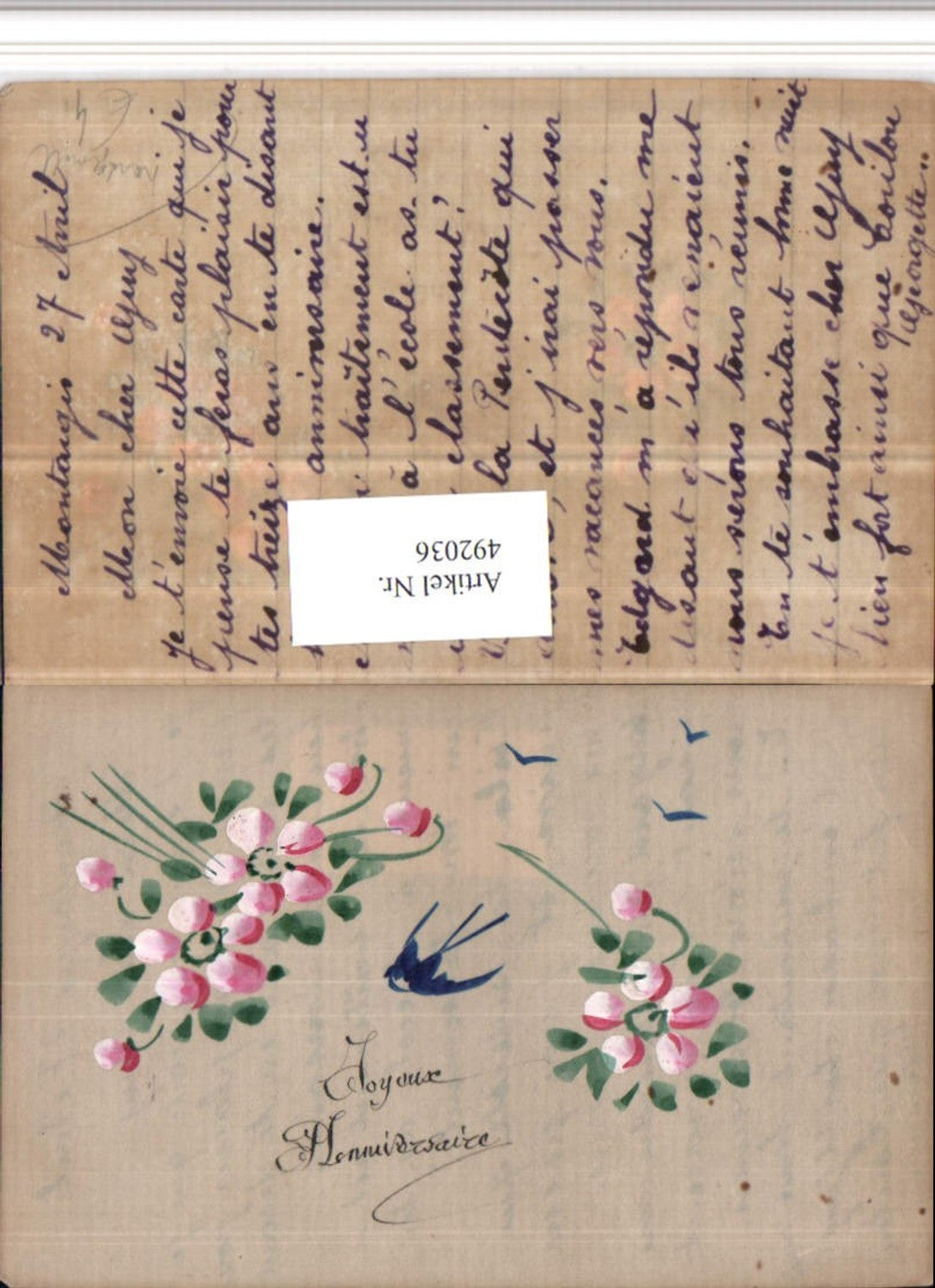 492036, Artist AK Hand-painted Joyeux Anniversaire Swallow Flowers